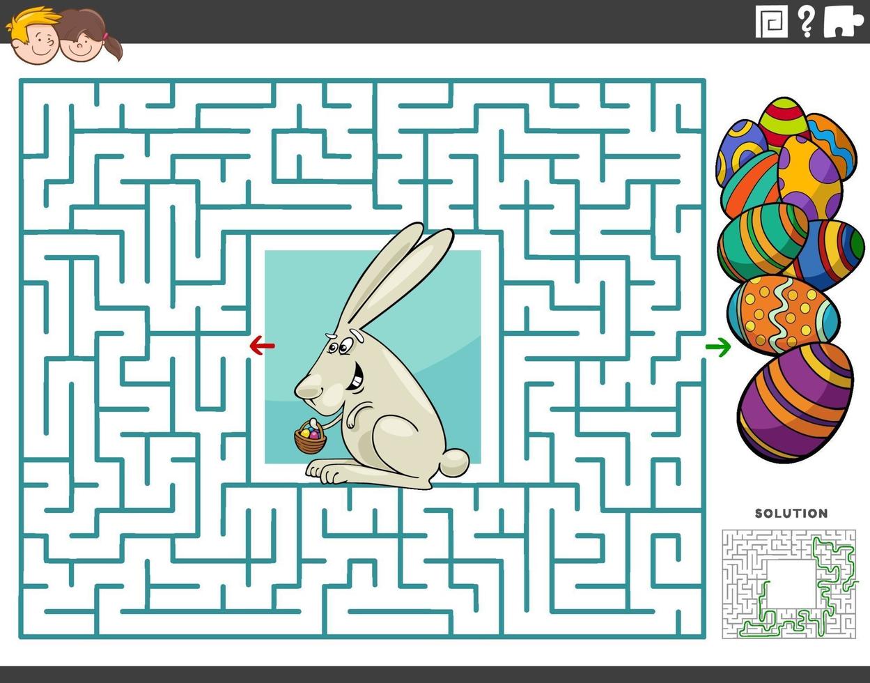 Jeu éducatif de labyrinthe avec lapin de Pâques et oeufs de dessin animé vecteur