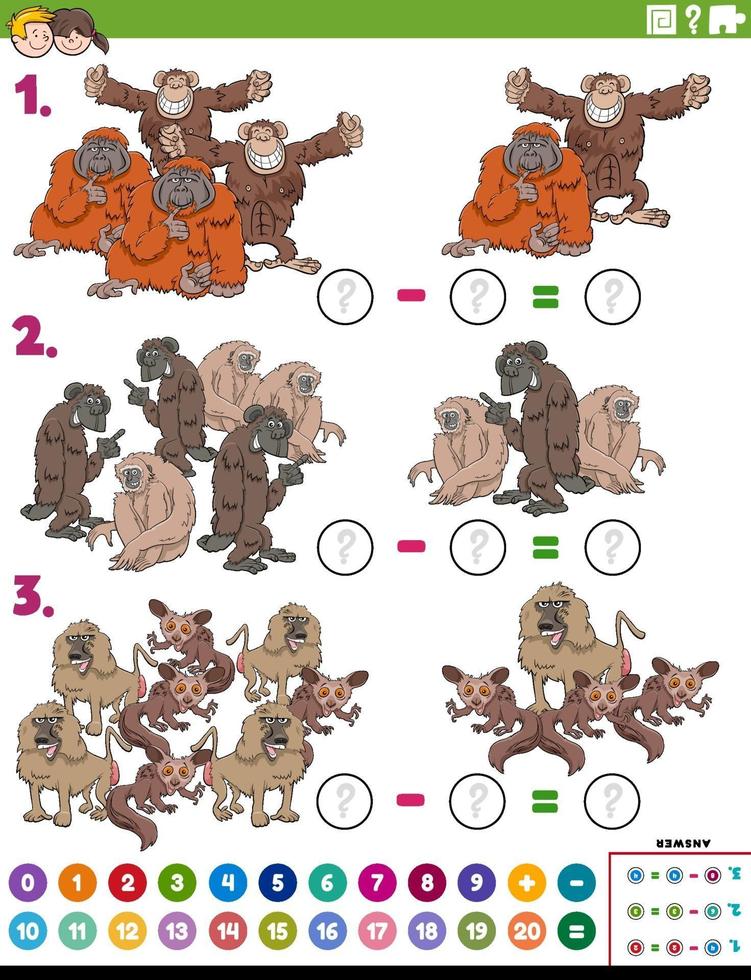 tâche éducative de soustraction avec des singes et des singes de dessin animé vecteur