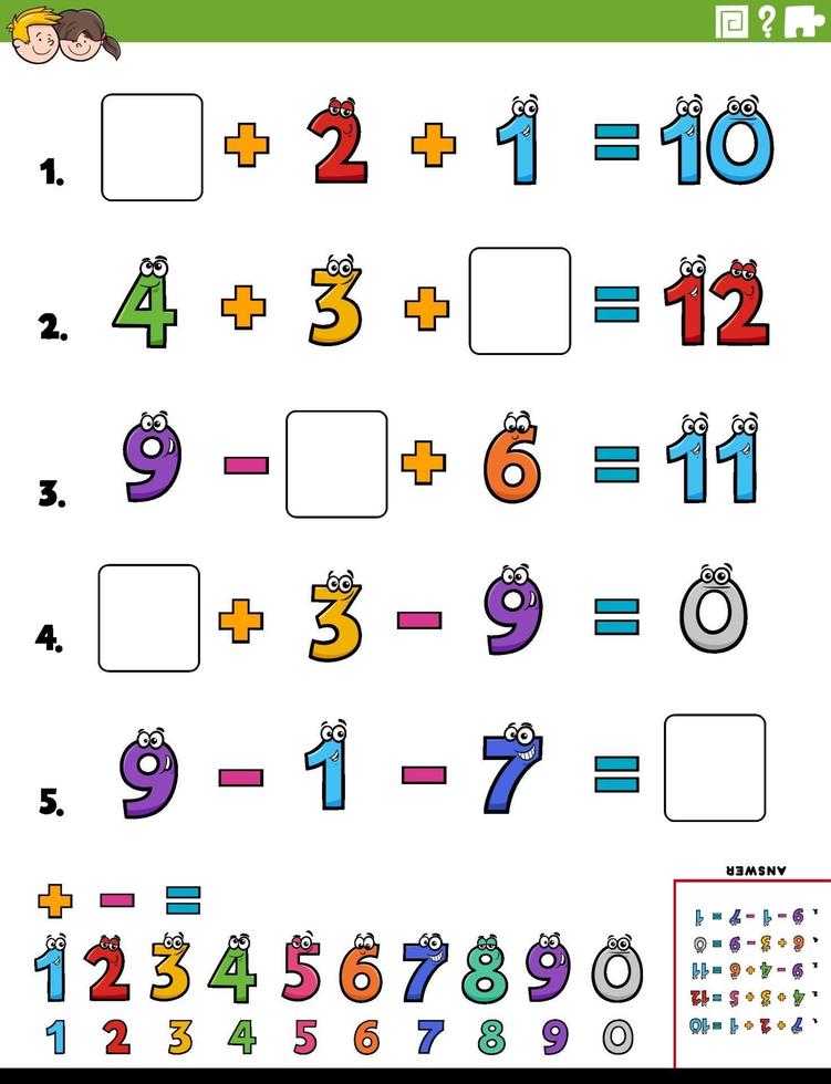 page de feuille de calcul pédagogique de calcul mathématique pour les enfants vecteur