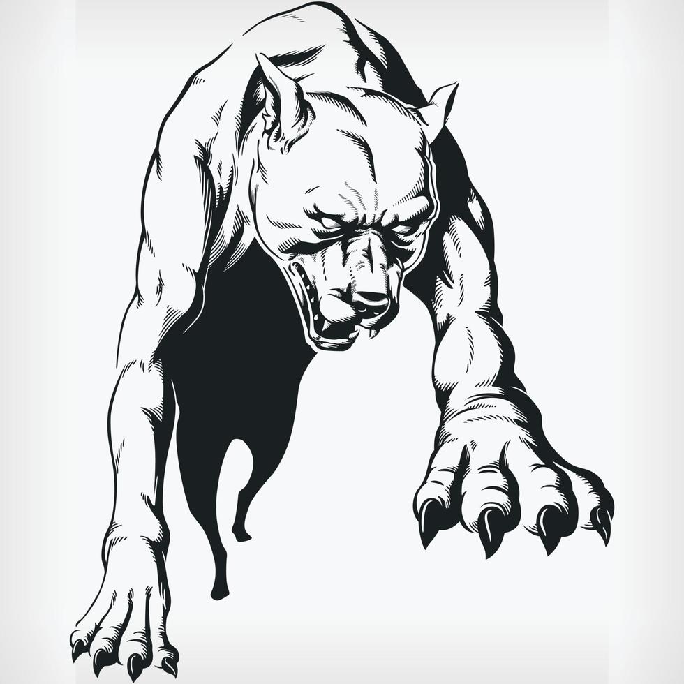 Silhouette sautant pitbull agressif, dessin vue de face au pochoir vecteur