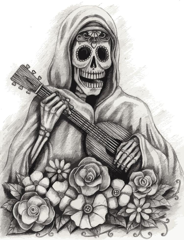 crâne de fantaisie d'art jouant de la guitare le jour des morts. dessin à la main et faire du vecteur graphique.