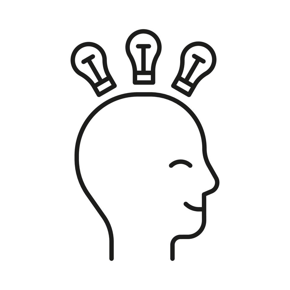 tête profil avec pense idée esprit, ligne icône. visage avec ampoule. intelligent idée lampe symbole. contrôle de esprit, positif en pensant et inspiration, psychologie. vecteur