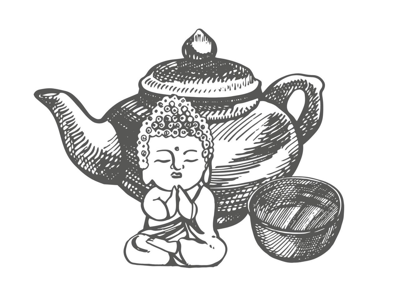 chinois traditionnel théière avec thé bol. graphique dessiné à la main illustration, vecteur. vecteur