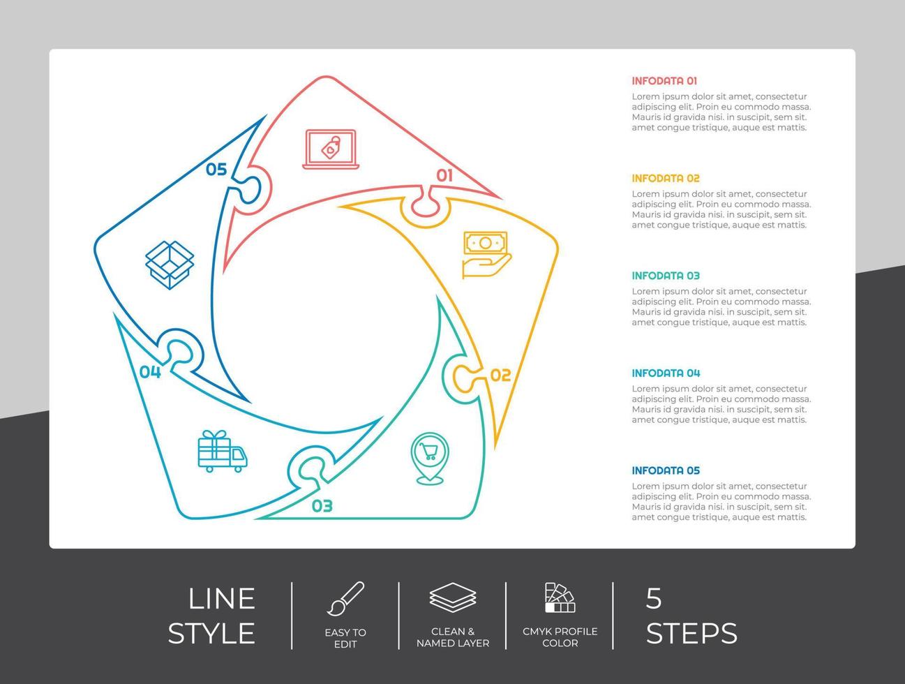 ligne étape infographie vecteur conception avec 5 pas coloré style pour présentation objectif.pentagone étape infographie pouvez être utilisé pour affaires et commercialisation