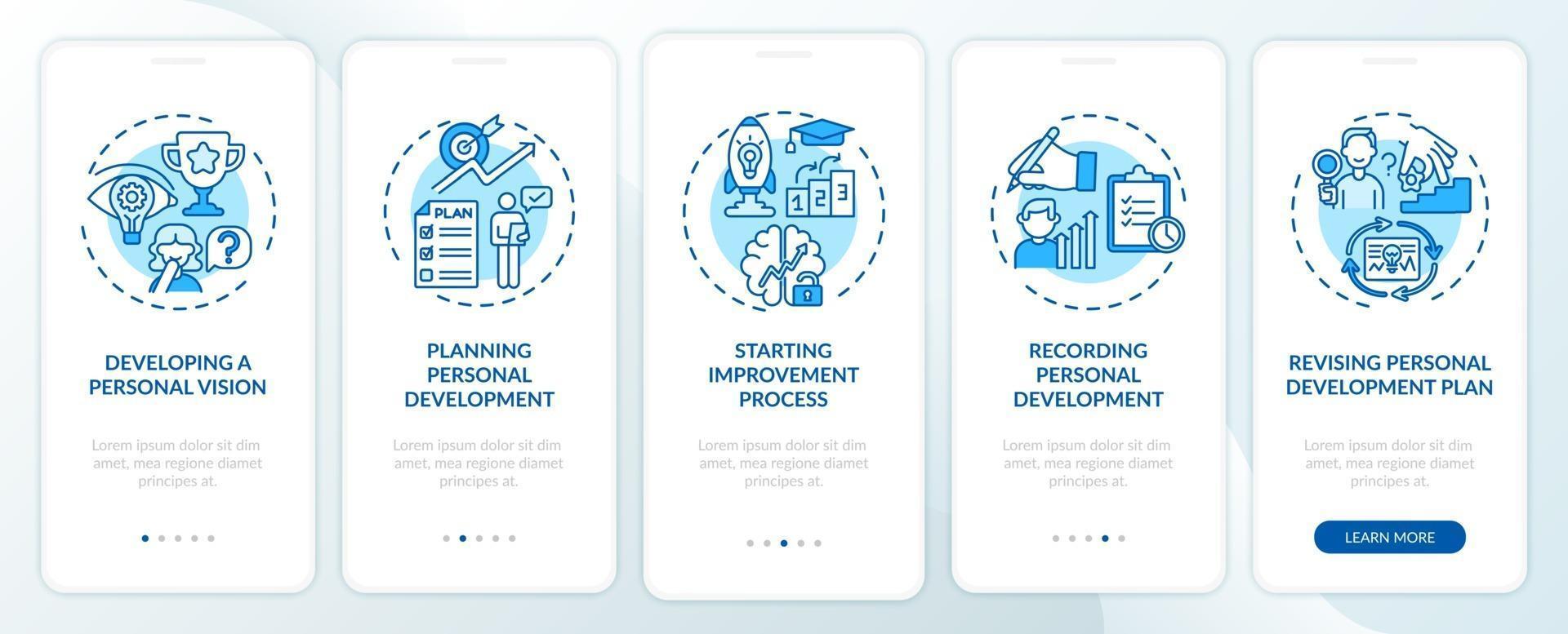 Étapes de développement personnel écran bleu de la page de l'application mobile d'intégration avec des concepts vecteur