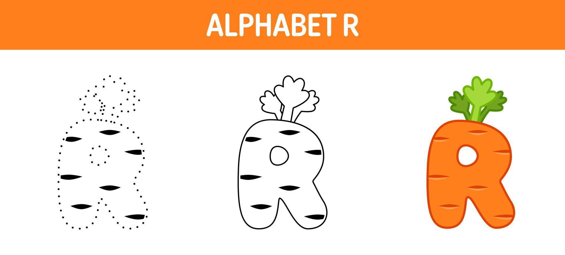 feuille de travail de traçage et de coloriage de l'alphabet r pour les enfants vecteur