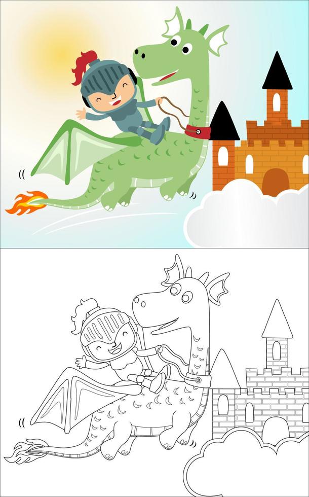 peu Chevalier dessin animé équitation dragon avec une Château sur des nuages, coloration livre ou page vecteur