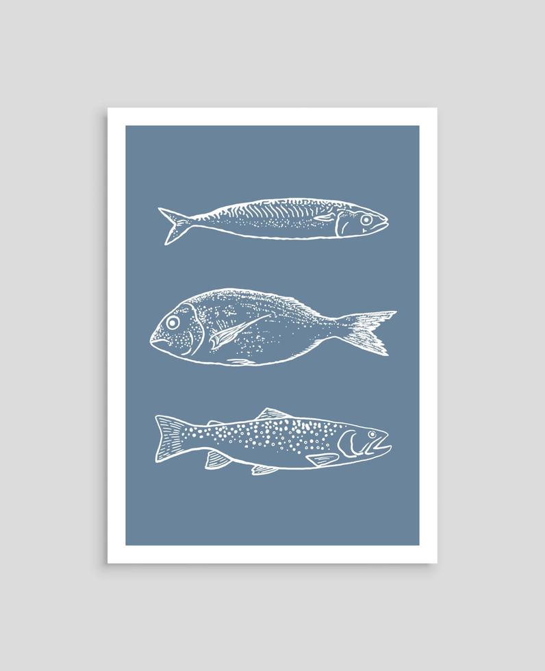 main tiré affiche avec différent type de des poissons. abstrait océan la vie affiche modèle vecteur