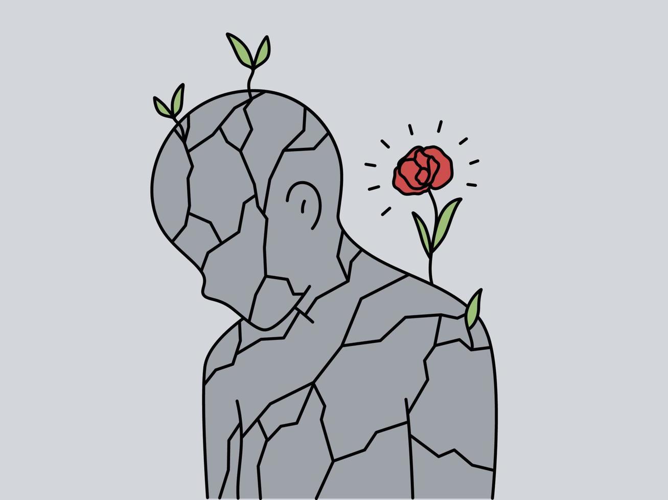 fleur croissance sur pierre la personne Souffrance de solitude ou solitude. cassé Humain sculpture avec Rose épanouissement. concept de la vie et espoir. Renaissance. vecteur illustration.