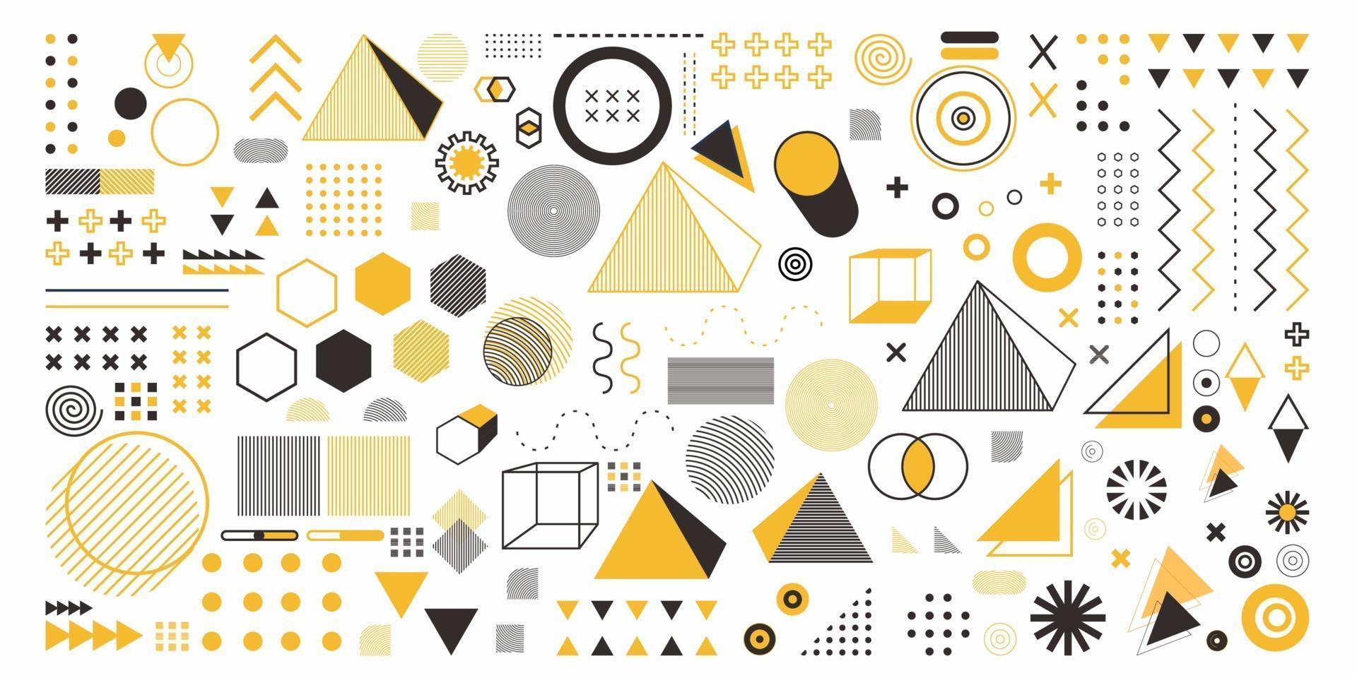 géométrie abstraite définie l'objet de couleur jaune. un ensemble de 100 arts de la conception géométrique. conception de memphis, éléments rétro pour le web, vintage, publicité, bannière commerciale, affiche, dépliant, panneau d'affichage, vente vecteur