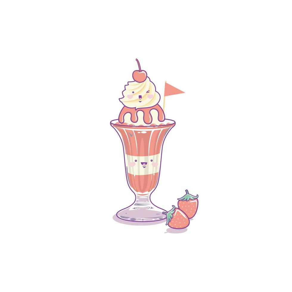 fraise la glace crème dans une cupkawaii style isolé, sucré dessert sur blanc Contexte vecteur