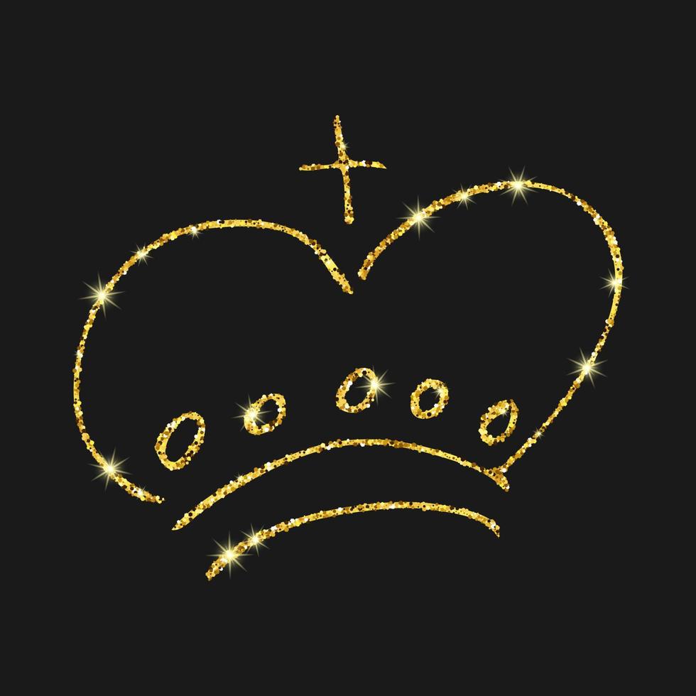 couronne dessinée à la main de paillettes d'or. reine de croquis de graffiti simple ou couronne de roi. couronnement impérial royal et symbole monarque isolé sur fond sombre. illustration vectorielle. vecteur