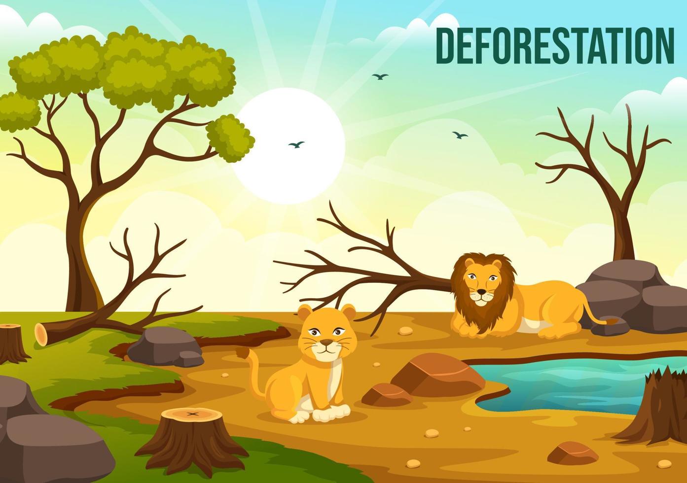la déforestation illustration avec arbre dans le abattu forêt et brûlant dans la pollution provoquant le extinction de animaux dans dessin animé main tiré modèles vecteur