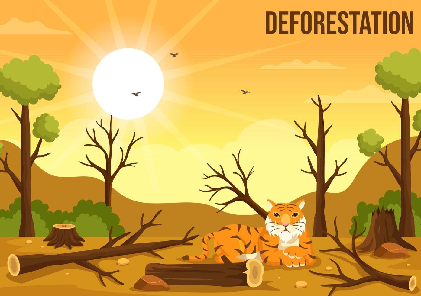 la déforestation illustration avec arbre dans le abattu forêt et brûlant dans la pollution provoquant le extinction de animaux dans dessin animé main tiré modèles vecteur
