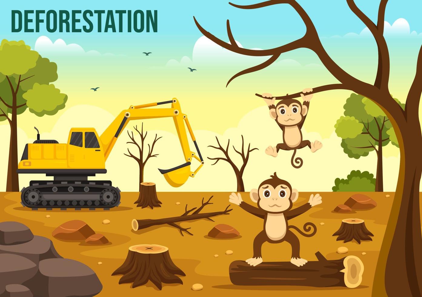 la déforestation illustration avec arbre dans le abattu forêt et brûlant dans la pollution provoquant le extinction de animaux dans dessin animé main tiré modèles vecteur