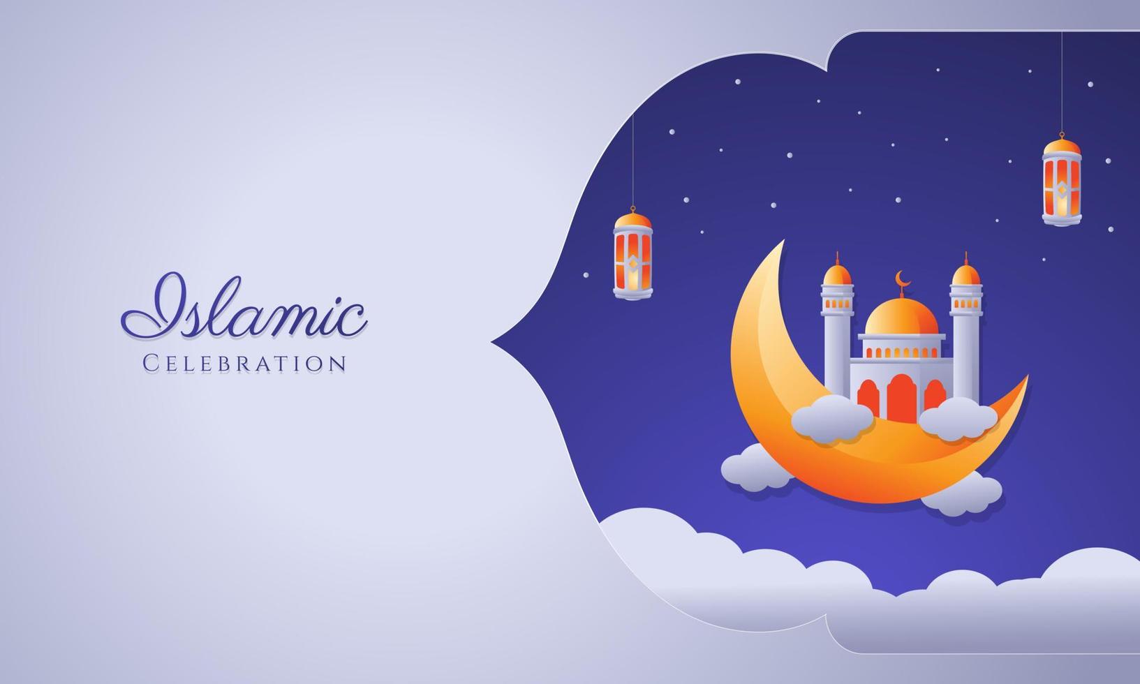islamique fête Contexte avec lune, étoiles, lanterne, mosquée dans le des nuages. - vecteur. vecteur