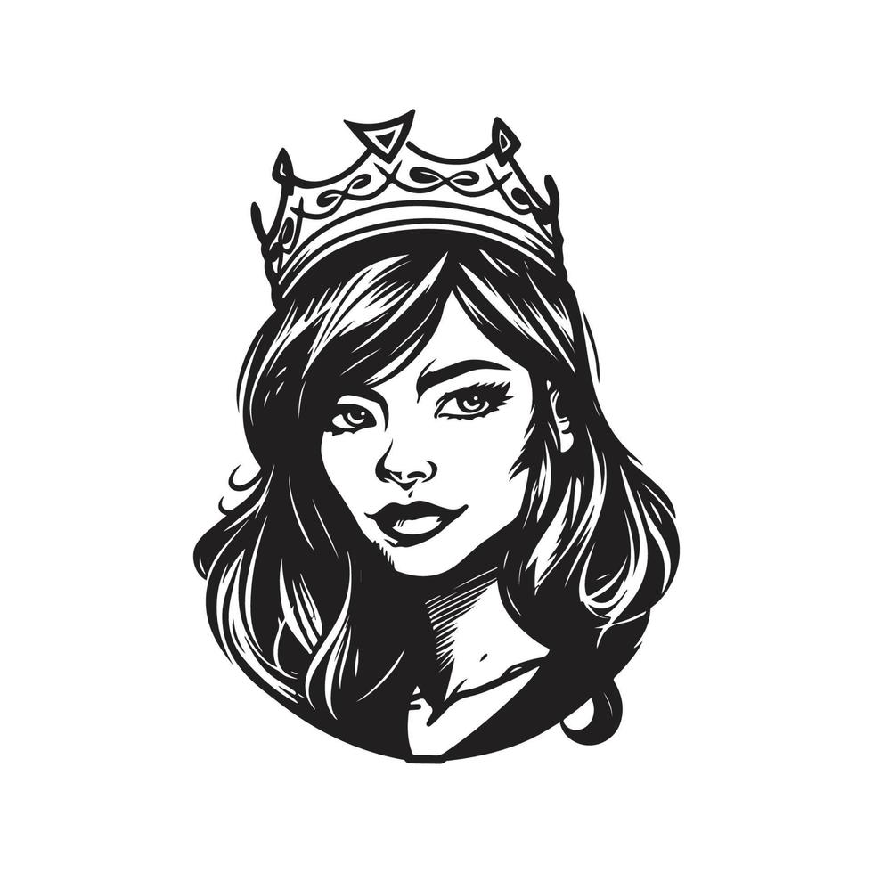 magnifique fille portant couronne, logo concept noir et blanc couleur, main tiré illustration vecteur