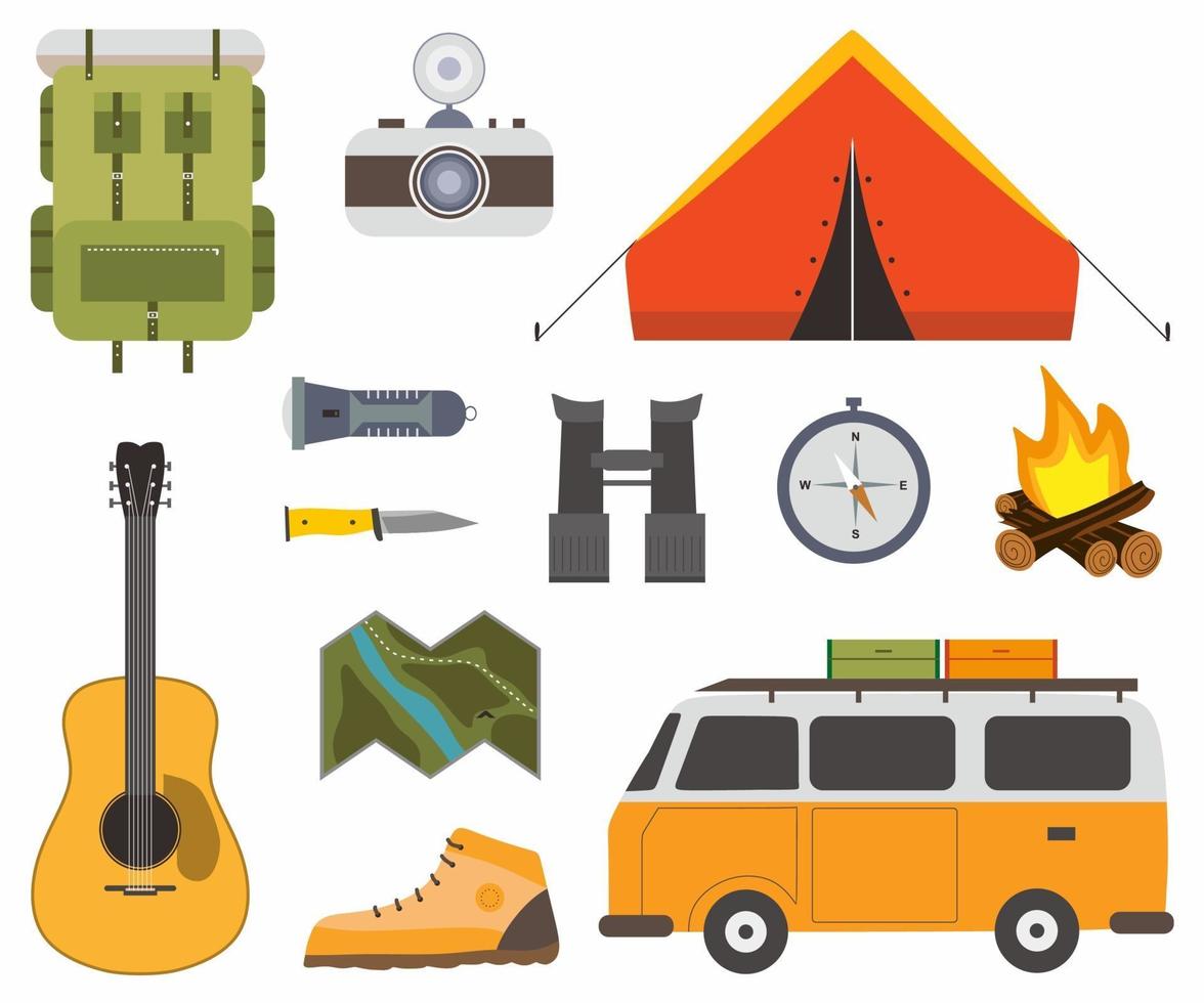 ensemble de camping d'aventure. équipement d'objets de camping, tente, sac à dos, guitare, appareil photo, feu de camp, bottes, guitare, boussole, icône plate de jumelles en personnage de dessin animé. illustration vectorielle vecteur