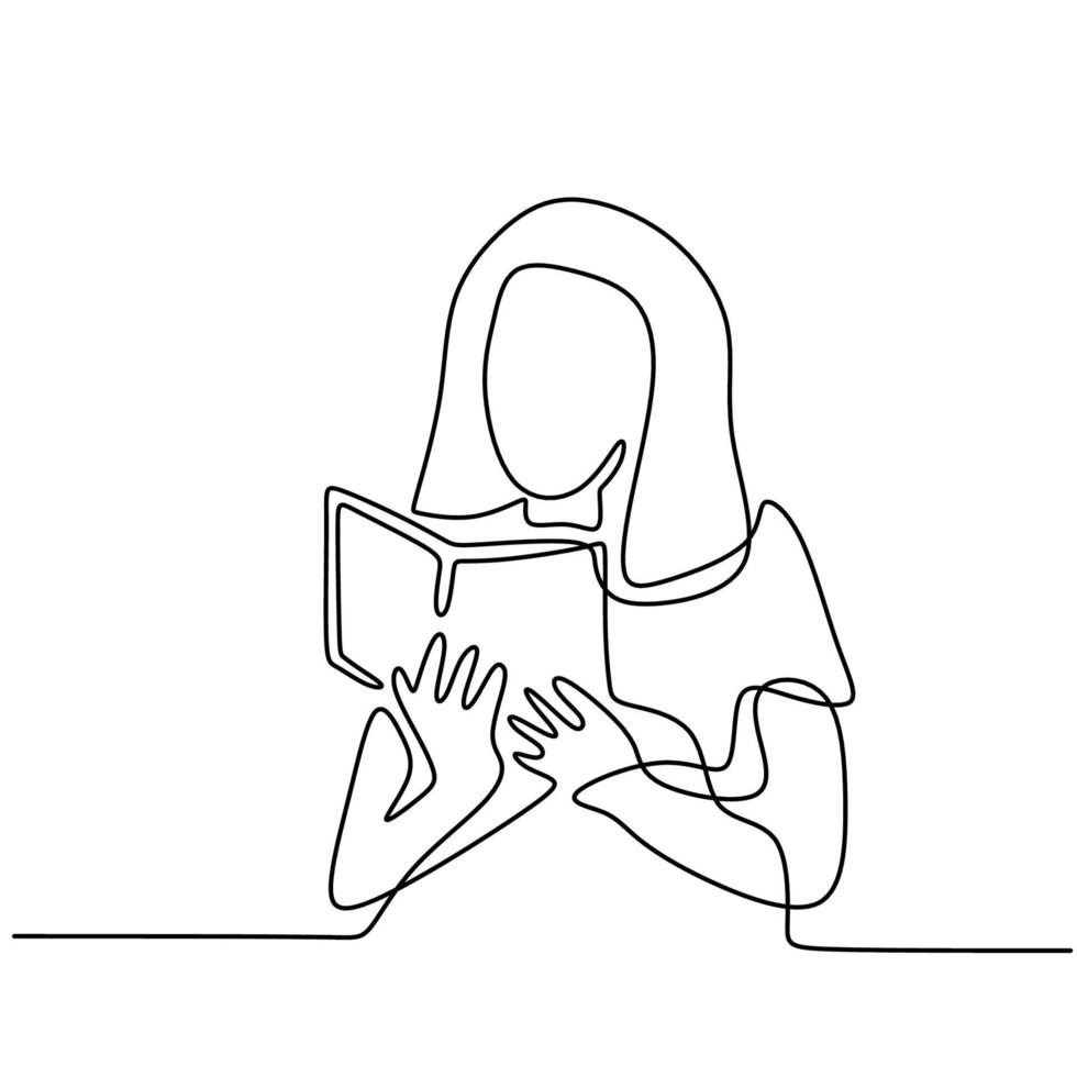 dessin d'une ligne continue d'un livre de lecture de fille. femme mignonne se concentre sur la page du livre pour étudier dans la silhouette de la bibliothèque dessinée à la main dans un style minimaliste. étudier pour examen. illustration vectorielle vecteur