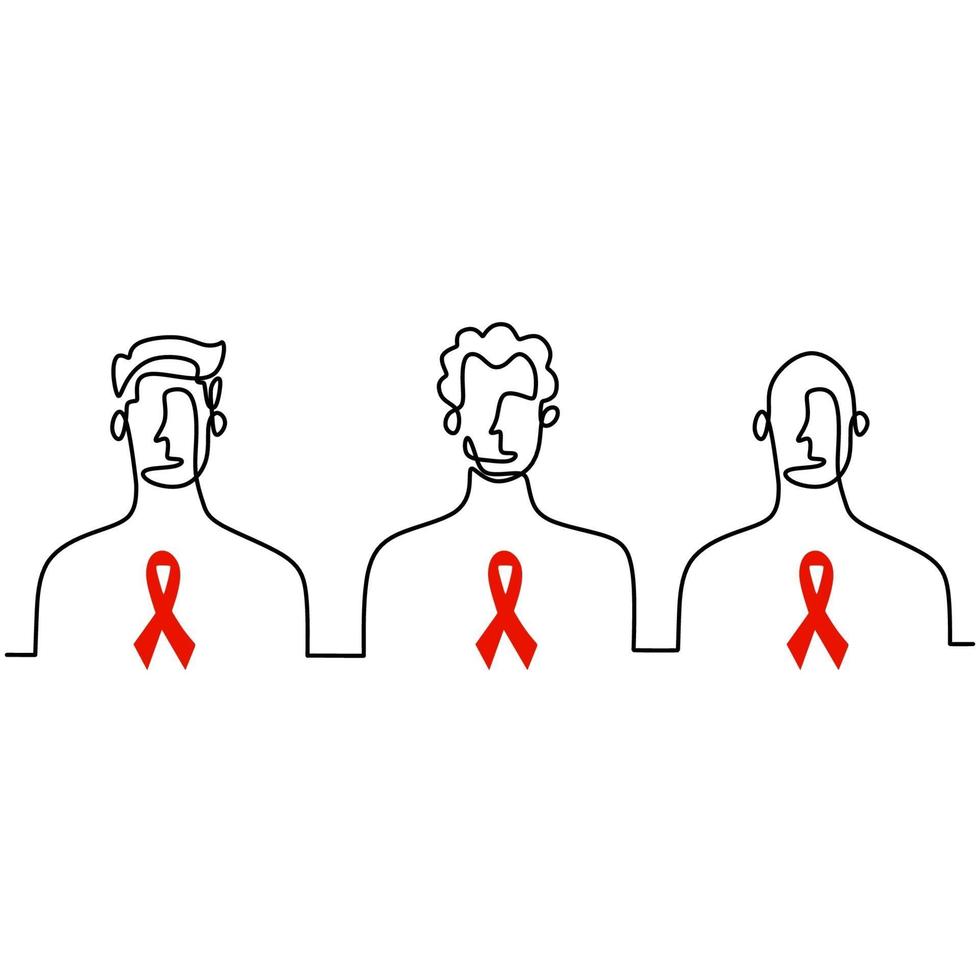 homme avec ruban de cancer une ligne continue tracée. bannière de la santé humaine. illustration web de sensibilisation au cancer pour le soutien et les soins de santé. insigne de charité ruban icône vecteur style minimalisme