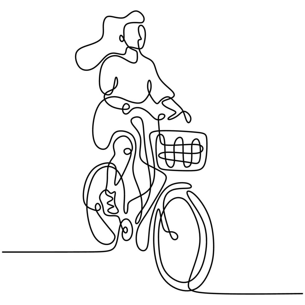 un dessin au trait continu d'une fille à vélo. une jolie femme aime faire du vélo le matin pour faire de l'exercice. thème de mode de vie sain isolé sur fond blanc. style minimaliste de vecteur