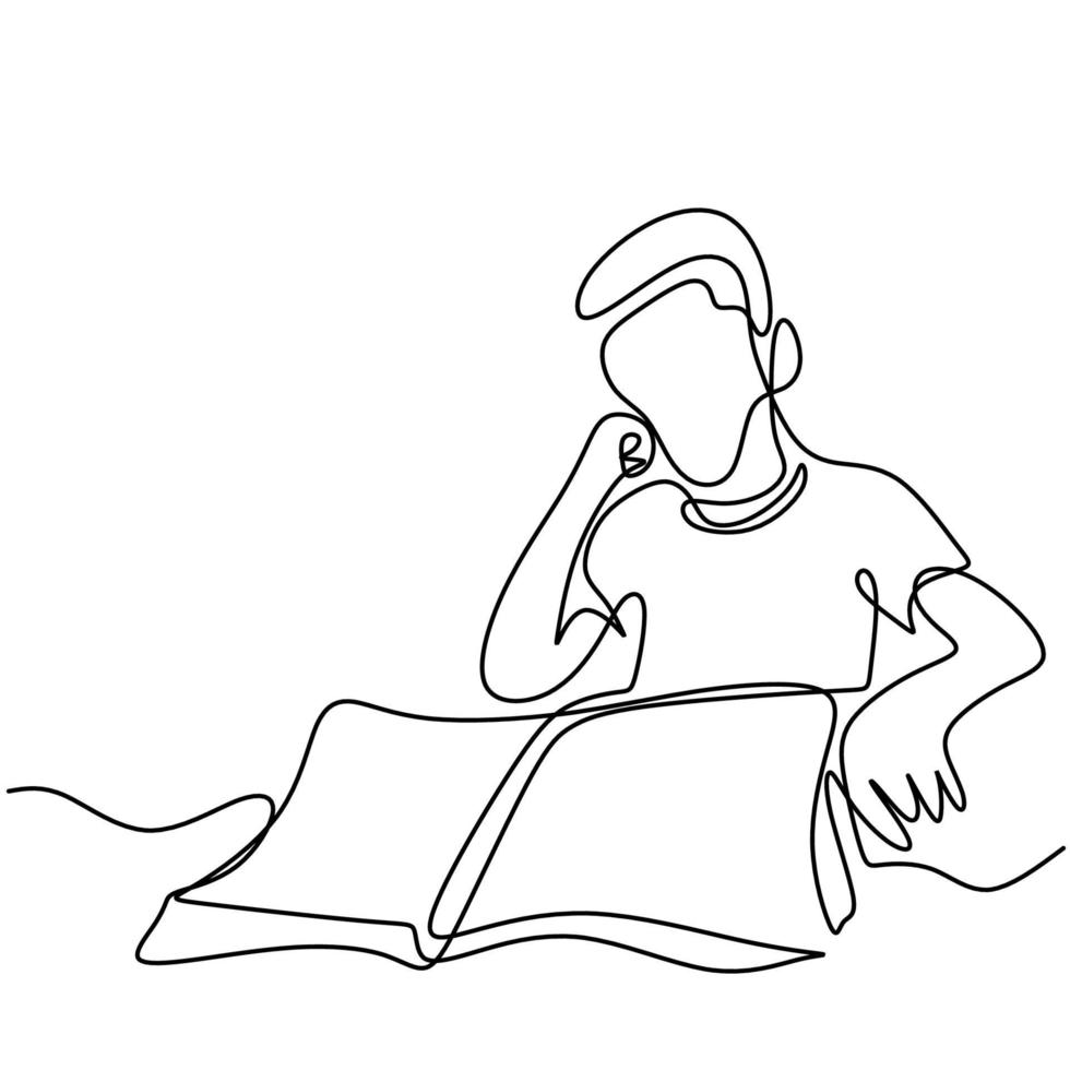 un garçon adolescent avec un livre de dessin au trait continu. jeune homme assis et lire un livre pour étudier dans la salle isolée sur fond blanc. retour au concept d & # 39; école dans un style minimalisme vecteur
