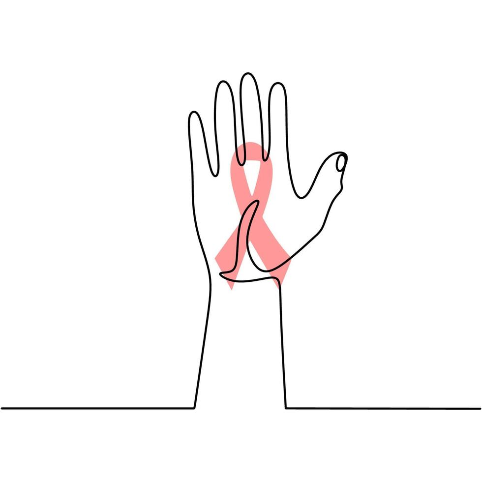 La main de l'homme avec un ruban rouge facilite le dessin continu d'une ligne. soutenir l'espoir de guérir et arrêter le concept des aides. journée mondiale du sida, 1er décembre. ruban d'insigne de charité isolé sur fond blanc. vecteur