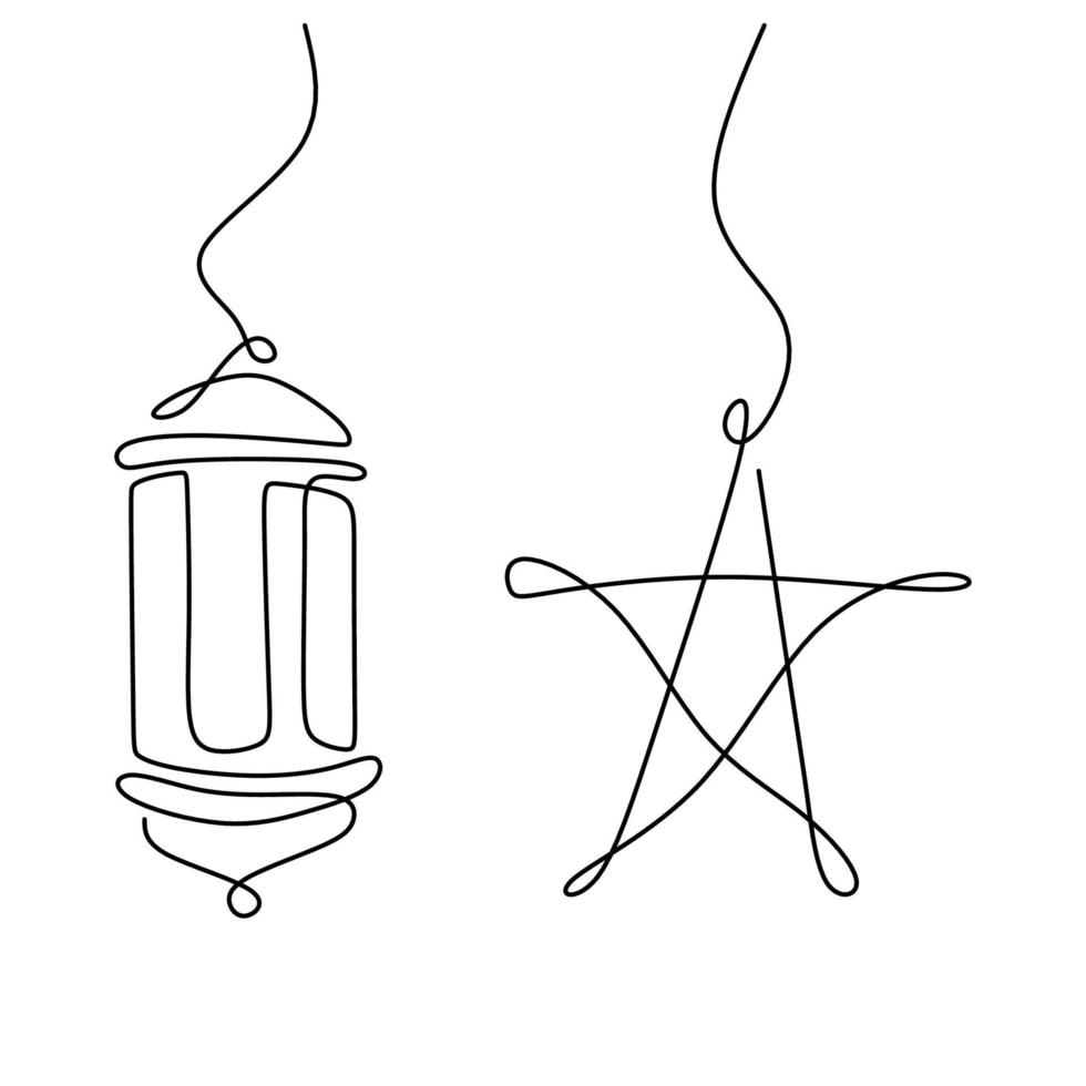 une conception de dessin de ligne continue pour le ramadan avec des étoiles suspendues et une lanterne. carte de voeux ramadan kareem avec concept de décoration islamique. style de minimalisme illustration vectorielle sur fond blanc vecteur