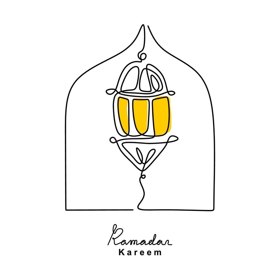 Lampe musulmane suspendue à une seule ligne continue avec lettrage manuscrit de ramadan kareem. thème de célébration du festival islamique isolé sur fond blanc. style minimaliste illustration vectorielle vecteur