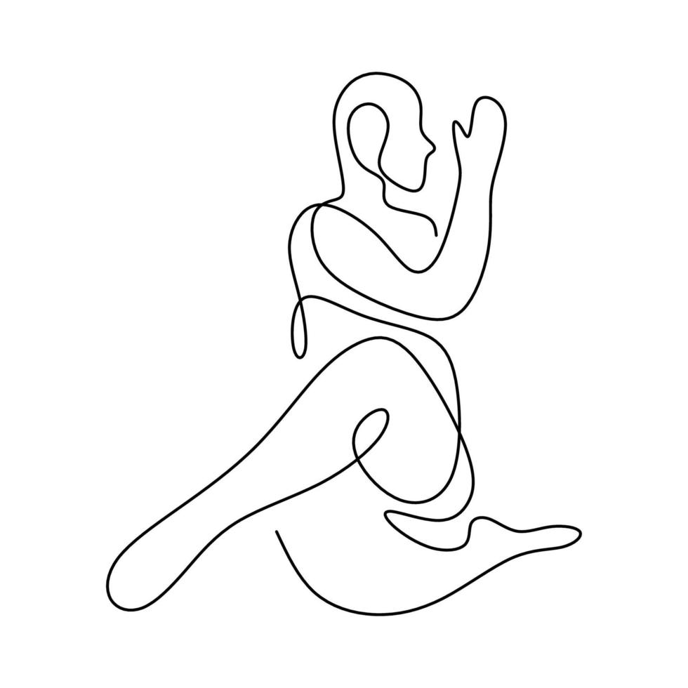 dessin au trait continu du concept d'yoga de remise en forme humaine. jeune homme ou femme faisant l'exercice de yoga bharadvajasana pose. thème de mode de vie sain. illustration vectorielle de santé journée internationale du yoga vecteur