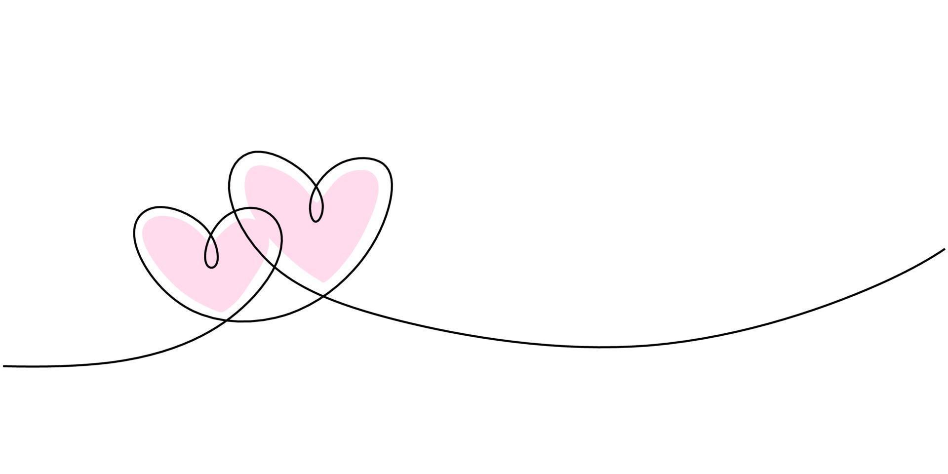 dessin au trait continu de signe d'amour avec deux coeurs roses embrassent la conception de minimalisme sur fond blanc vecteur