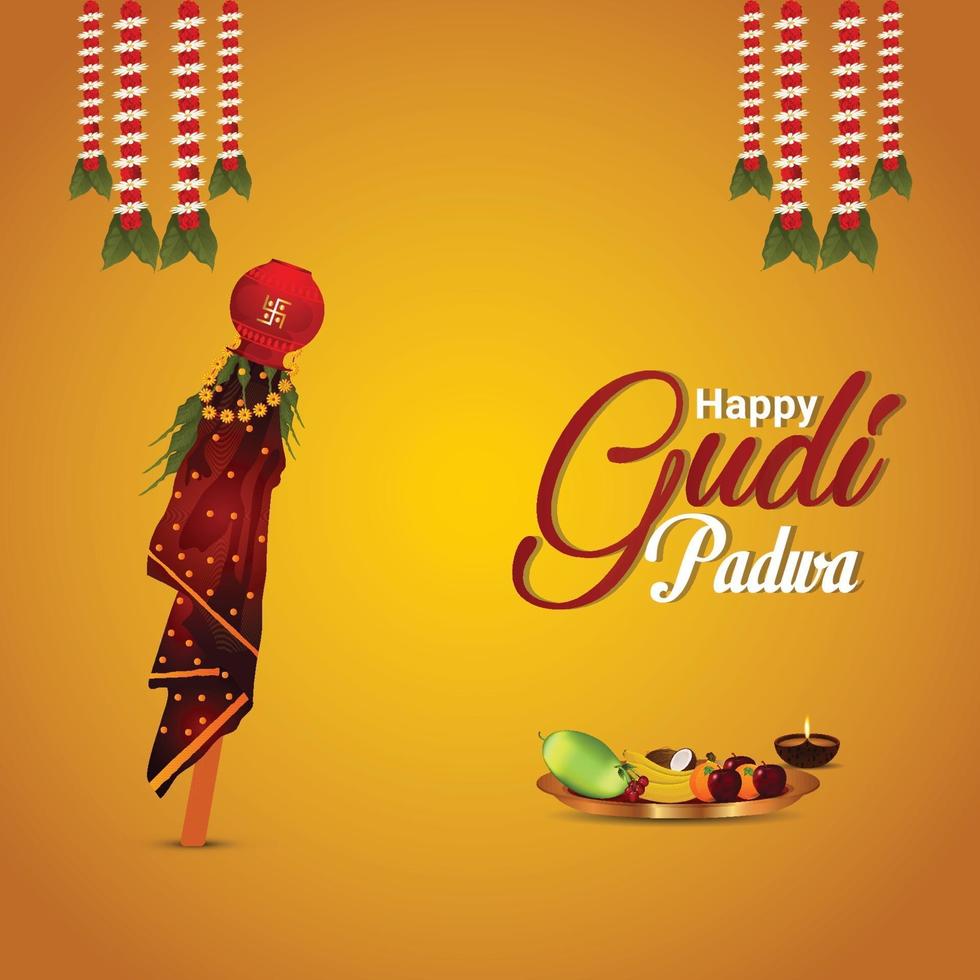 carte de voeux de célébration gudi padwa avec kalash traditionnel créatif et arrière-plan vecteur