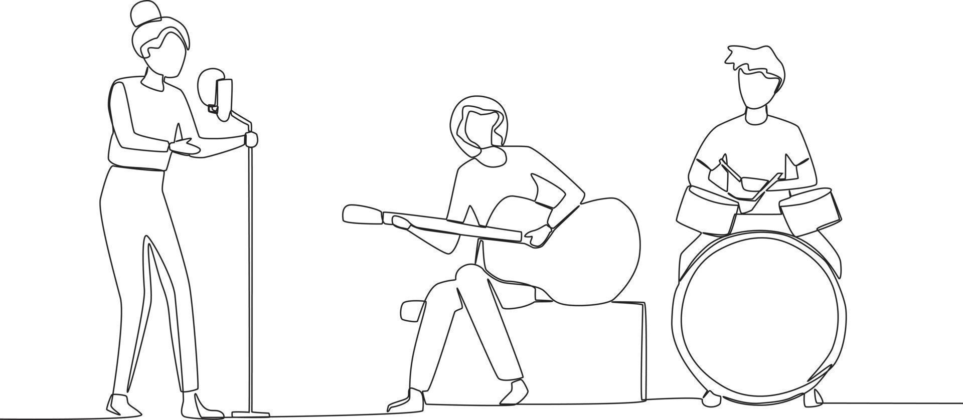 une femme en chantant et sa deux copains en jouant la musique vecteur