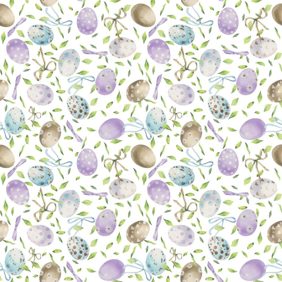 aquarelle main tiré Pâques fête clipart. sans couture modèle avec peint des œufs et feuilles. pastel couleur. isolé sur blanc Contexte. pour faire-part, cadeaux, salutation cartes, imprimer, textile vecteur