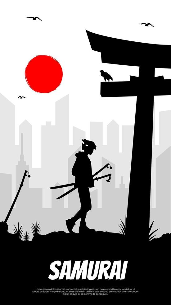 Urbain samouraï en marchant et rouge lune. samouraï avec rouge lune fond d'écran. Japonais samouraï avec une épée et oni masque. samouraï thème fond d'écran. samouraï garçon avec deux épées. vecteur