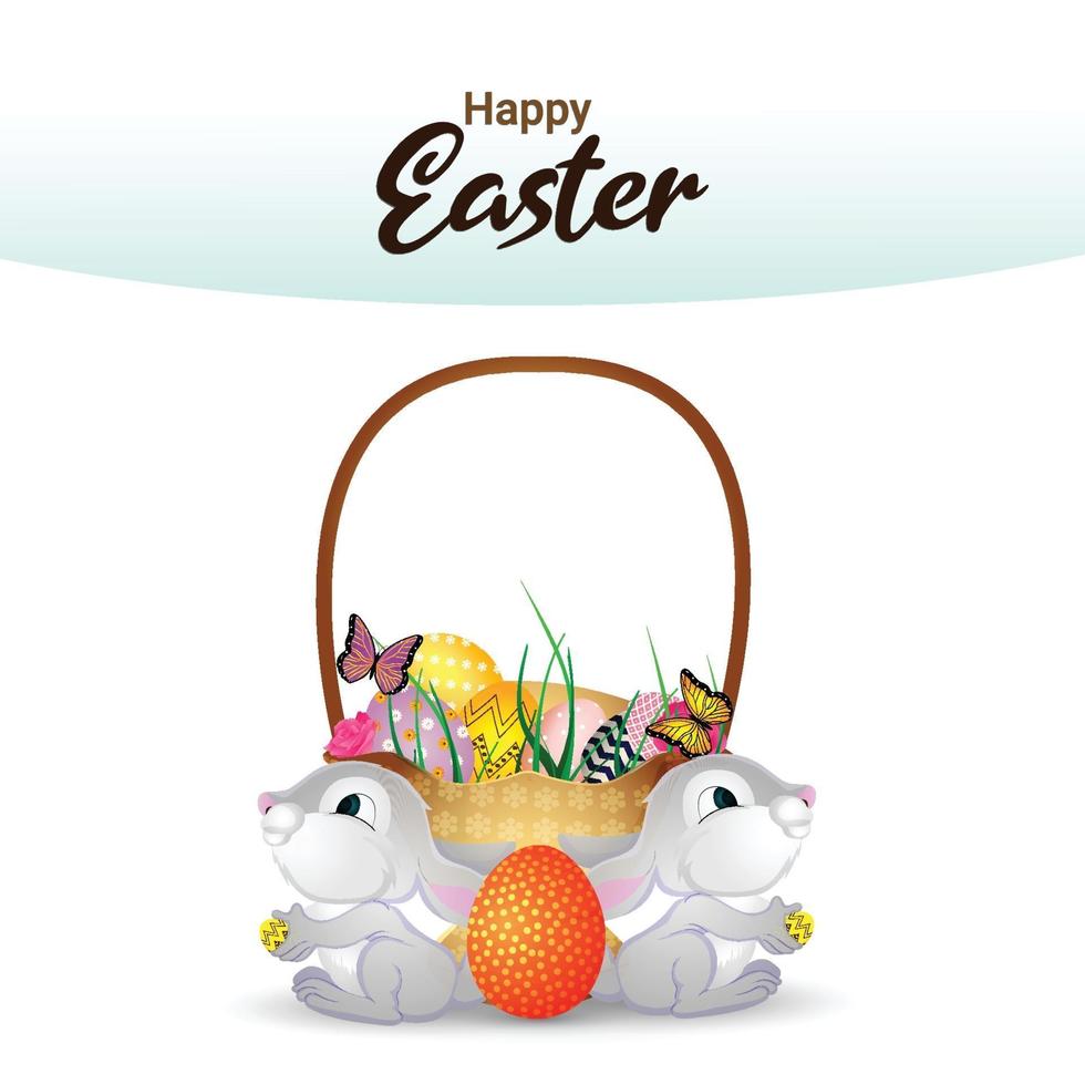 carte de voeux joyeux jour de pâques avec panier d'oeufs et lapin de pâques vecteur