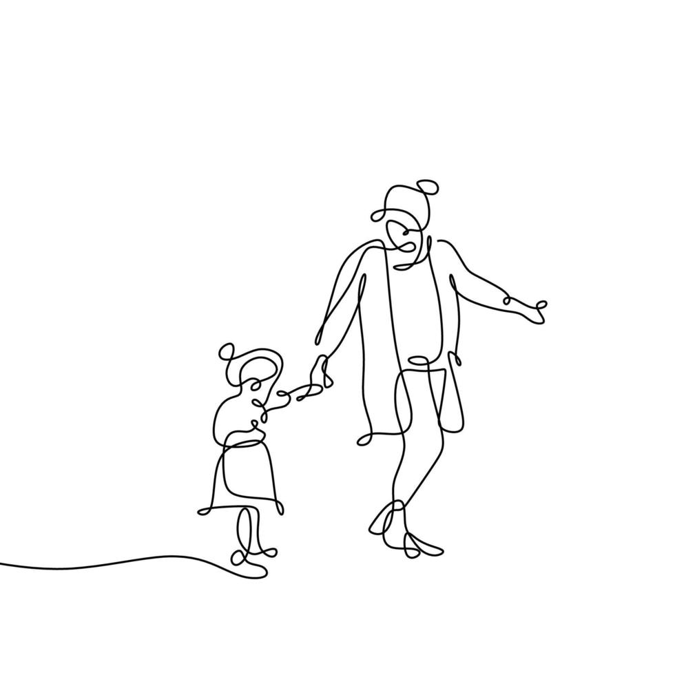 dessin au trait continu de la mère et de sa fille se promenant. design minimaliste de caractère à la mode. un dessin au trait de la mère et la fille marchant ensemble isolé sur fond blanc. vecteur