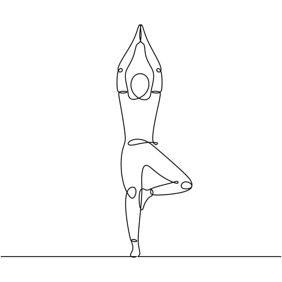 dessin au trait continu de l'homme debout dans la pose de yoga avec les bras au-dessus de la tête. dessin au trait continu des femmes fitness yoga concept vector illustration santé journée internationale du yoga