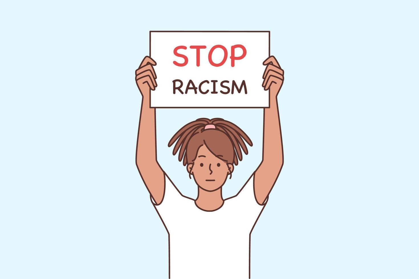 Jeune africain américain femme en portant placard en disant Arrêtez racisme manifestation sur rue manifestation ou mars. noir fille avec affiche contre racial discrimination. vecteur illustration.
