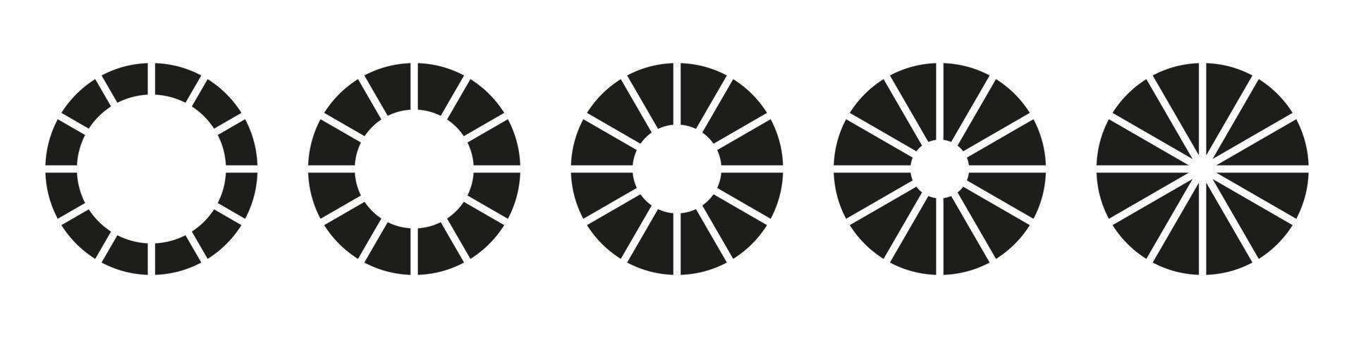 roues rond divisé dans Douze sections. diagrammes infographie ensemble. cercle section graphique. tarte graphique Icônes. Donut graphiques ou tartes segmenté sur 12 égal les pièces. géométrique élément. vecteur illustration.