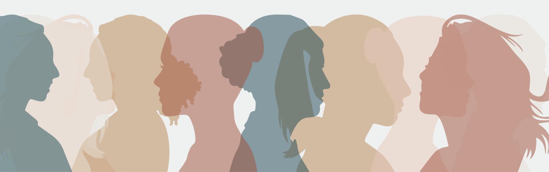 bannière du mois de l'histoire des femmes de couleur douce. silhouette de visage de femme multiethnique. vecteur