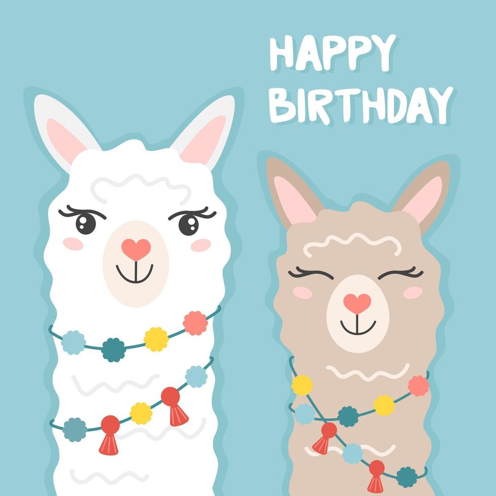 anniversaire carte avec mignonne dessin animé lamas. vecteur illustration