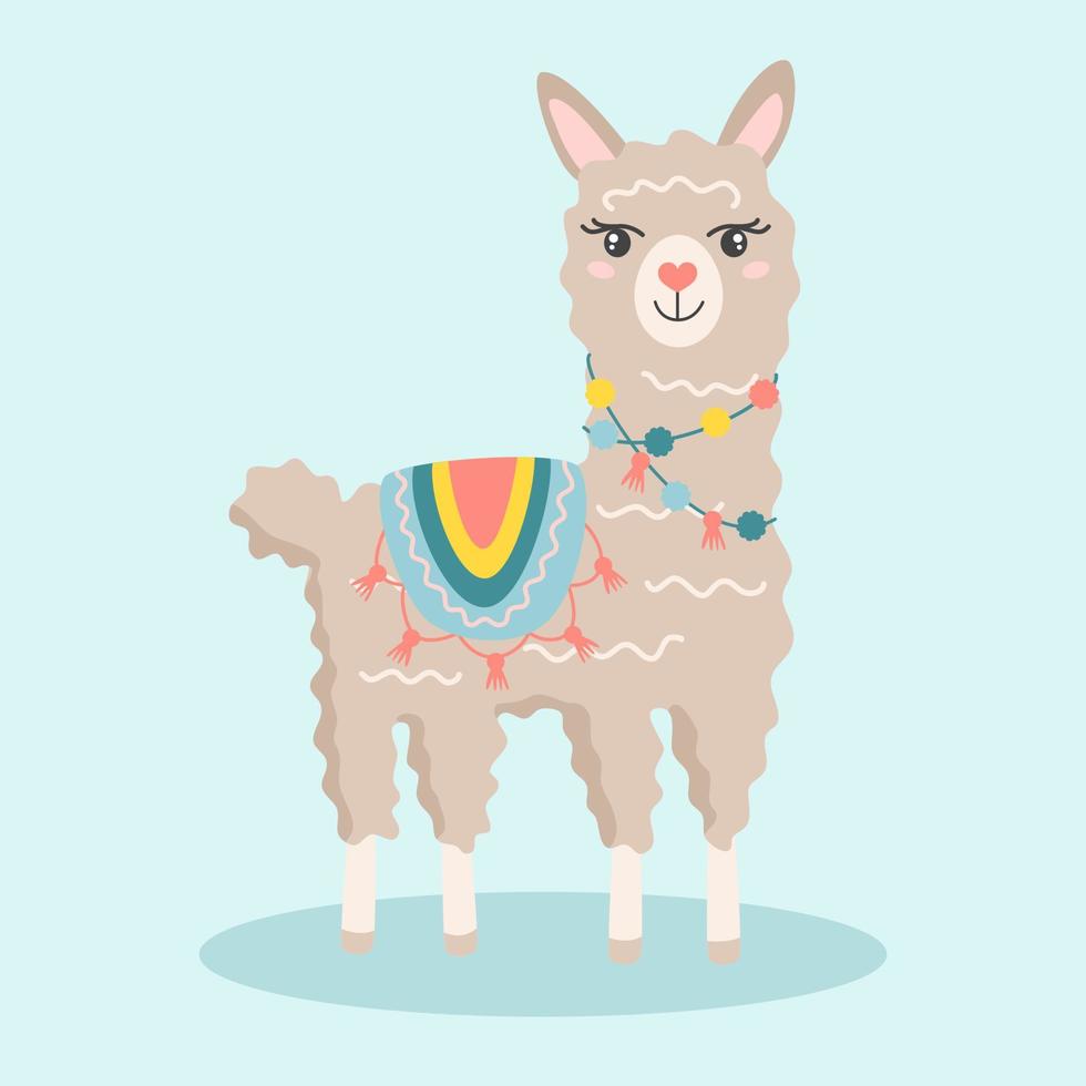 mignonne dessin animé lama portant tricoté couverture. vecteur illustration