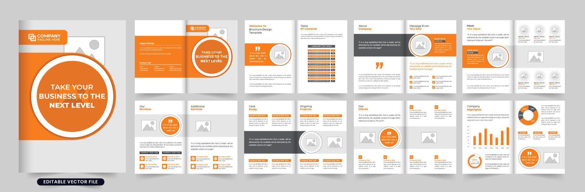 affaires profil présentation papeterie modèle vecteur avec Orange et foncé couleurs. moderne entreprise portefeuille et annuel rapport conception avec photo espaces réservés. entreprise magazine et brochure vecteur.