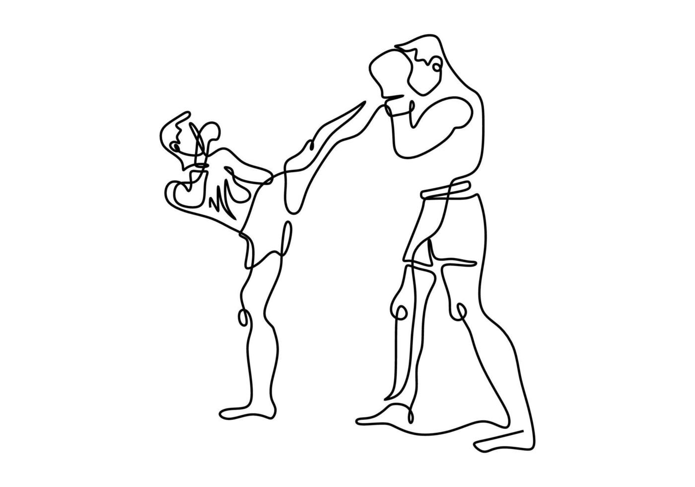 dessin au trait continu de deux hommes jouant à la boxe isolé sur fond blanc. homme jeune boxeur professionnel faisant des étirements avant de pratiquer la boxe. illustration vectorielle de style minimaliste vecteur