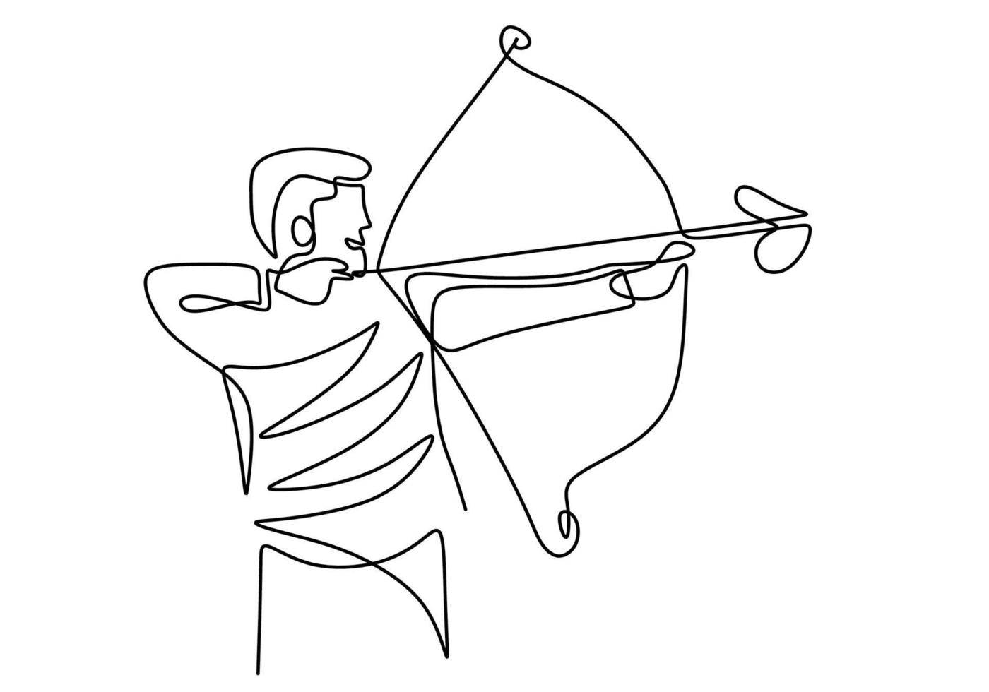 dessin au trait continu d'un jeune homme d'archer professionnel, debout et se concentrer sur le tir de la cible. tir de rafraîchissement sain avec un arc. Thème du sport de tir à l'arc isolé sur fond blanc vecteur