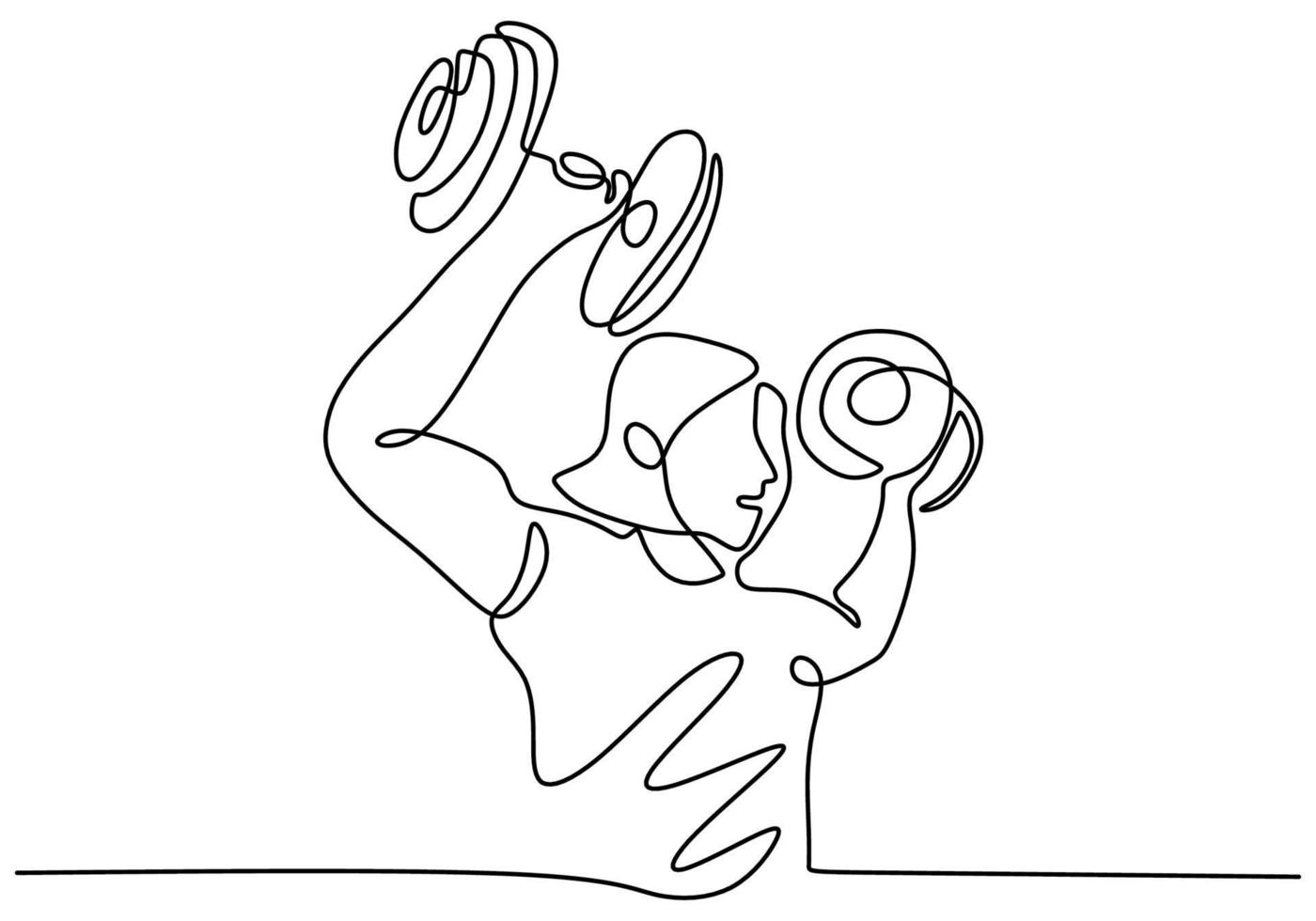 dessin au trait continu d'une femme forte, soulever des poids. jeune fille énergique exercice de levage d'haltères dans le centre de remise en forme de gym. squats avec élément de conception linéaire d'haltères. illustration vectorielle vecteur