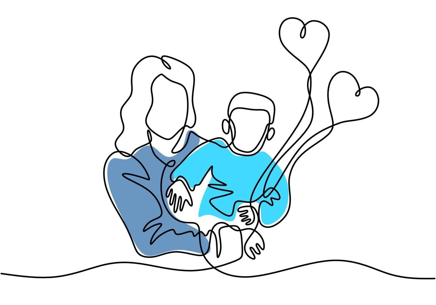 dessin au trait continu d'une femme tenant son bébé avec des ballons à air comprimé. jeune mère avec un enfant isolé sur fond blanc. bonne journée de la femme. concept de parentalité familiale. illustration vectorielle vecteur