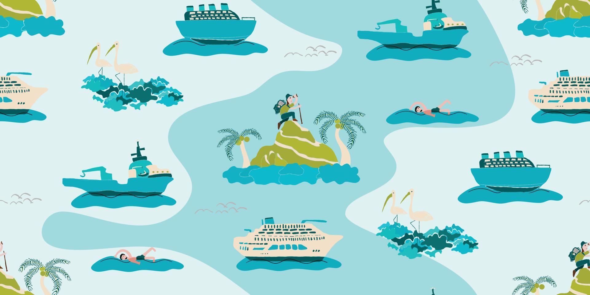 illustration de sans couture modèle randonneur sur une colline à la recherche à le océan et navires sur le plage, gens natation. enfants vacances Voyage thème. turquoise vert, menthe bleu, blanc le sable Couleur vecteur