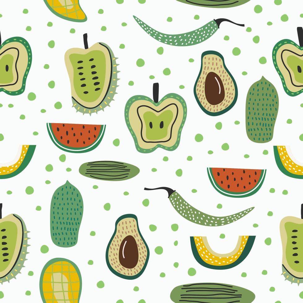 motif de fruits sans soudure de vecteur. différents fruits tropicaux frais comprennent la pastèque, la pomme, l'avocat, le concombre, la papaye, la mangue, le corossol, la grenade isolé sur fond blanc. illustration vectorielle vecteur